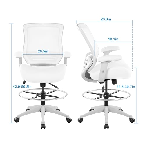 BOLISS 400lbs Mesh Ergonomic Office Drafting Chair Big Adjustable Foot Ring Height Adjustable Armrest (Wht) - color: White