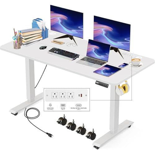 55''×24'' Electric Standing Desk with Power Outlets & Wheels, White - color: White, size: 55×24''