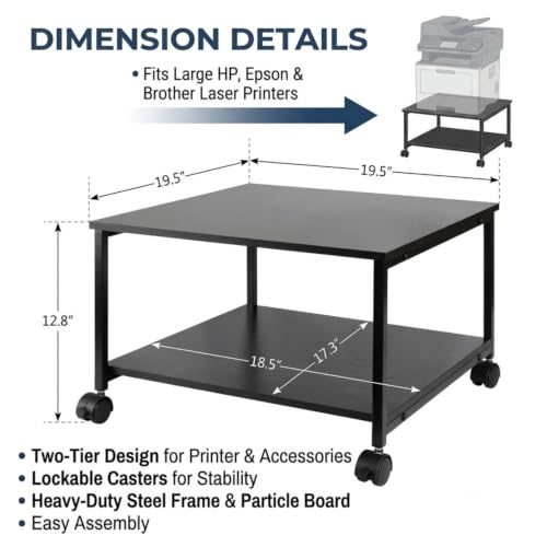 2-Tier Under Desk Printer Stand, 19.5" x 19.5" Large Rolling Printer Cart - color: Black, size: 2-Tier