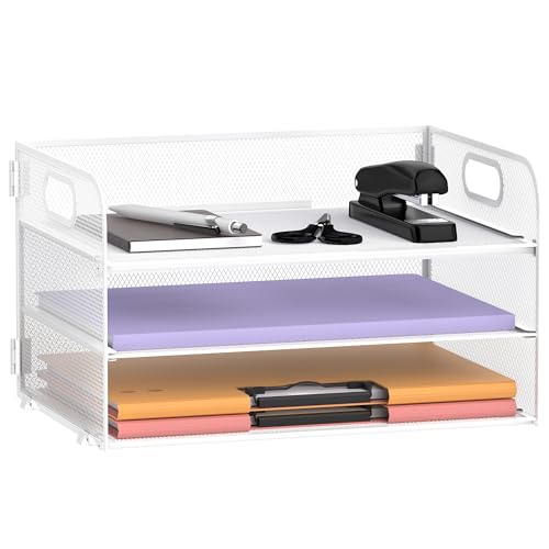 3-Tier Desk Organizer with Handle, Paper Tray Organizer, White | Paper Organizer for Desk with 3 Sliding Paper Trays and Carrying Handle for Letter Size Paper, Files, Mail and Folders