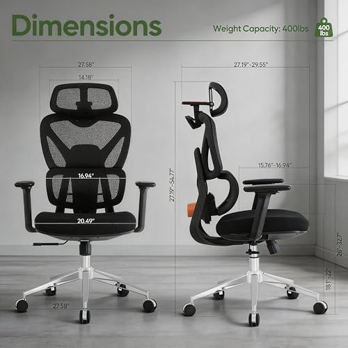 Ergonomic Mesh Office Chair, Desk Chairs with Adjustable Lumbar Support, 4D Flip-up Arms & 3D Headrest, Comfy High Back Breathable Mesh Computer Chair for Home Office, 400lbs (Black) - color: Black