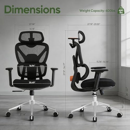 Ergonomic Mesh Office Chair, Desk Chairs with Adjustable Lumbar Support, 4D Flip-up Arms & 3D Headrest, Comfy High Back Breathable Mesh Computer Chair for Home Office, 400lbs (Black) - color: Black