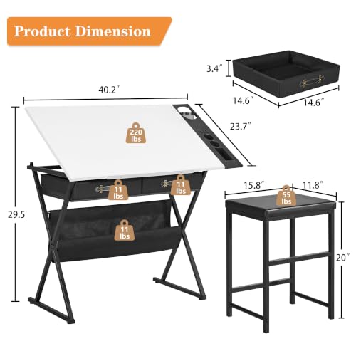 VECELO Drafting Table Art Desk Art Table Adjustable Drawing Table Tilted Tabletop with 2 Storage Drawers and Stool, Drawing Desk for Artist Painters Drawing, Crafting, Reading, Writing, White - color: White