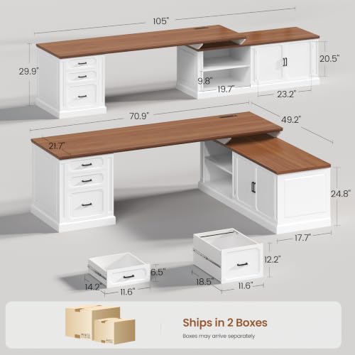 SEDETA Farmhouse L Shaped Desk with Drawers, 70.9" Home Office Desk with Storage Cabinet and Storage Shelves, L Shaped Computer Desk with Power Outlet，White+Brown - color: White+brown, size: 70.9" L Shaped Desk