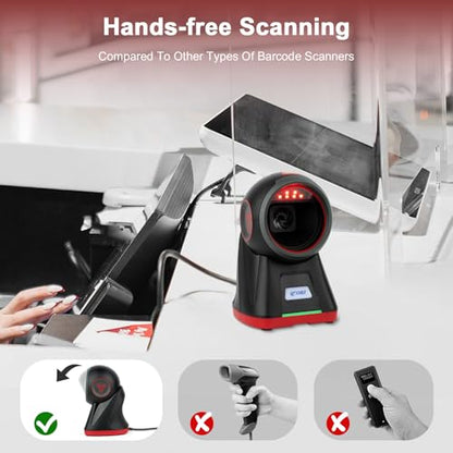 OBZ 2D Handsfree Barcode Scanner,Omnidirectional QR Code Reader,Wired USB Scanners for Computers,Automatic Sensing Desktop Scanner for Windows Mac Linux,Drop-Resistant for Retail Store POS - style: Hands-Free Scanner