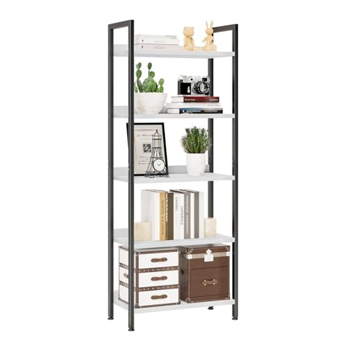 NUMENN Bookshelf, 5 Tier Freestanding Shelving Unit, White&Black | Metal Frame & Wood Shelves, Falling Prevention Baffle, Open Storage Bookcase for Bedroom, Living Room & Home Office - color: White&black, size: 5 Tier(Wide)
