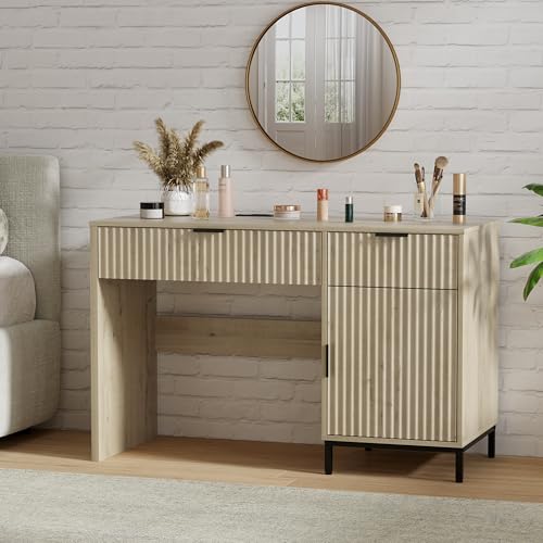 47" Home Office Desk with Fluted Drawers, Wood Exectuive Desk with Storage Cabinet, Charging Station, Metal Legs Modern Farmhouse Computer Desk for Work, Study Light Oak - color: Light Oak