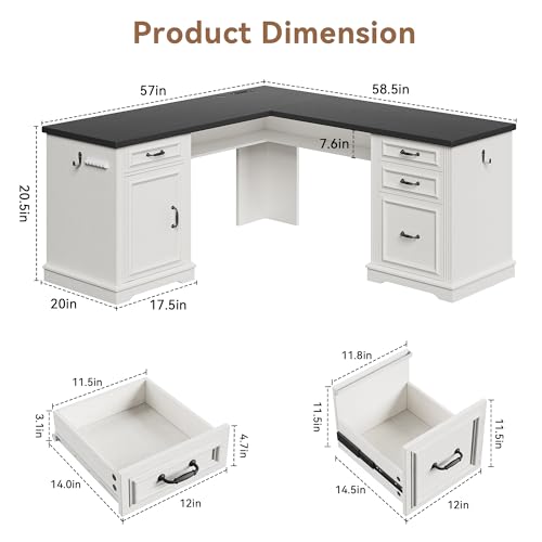 Farmhouse L Shaped Executive Desk with 4 Drawers and Charging Station, Wood Corner Home Office Computer Desk with File Cabinet Storage, Hidden Under Desk Storage Shelf, Headphone Hook - Black+White - color: Black+white