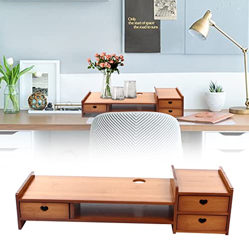 YIYIBYUS Monitor Stand Riser 2-Tier Bamboo Wood Computer Monitor Riser Stand Desktop Organizer Stand with Storage Drawer Laptop Monitor Stand Riser for Home Office