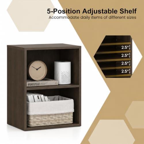 GOFLAME 2 Cube Bookcase, 2-Tier Book Shelf with 5 Position Adjustable Shelf, Wooden Bookshelf, Modern, Small Freestanding Cubby Storage Organizer for Living Room, Home Office, Study (1, Dark Walnut)