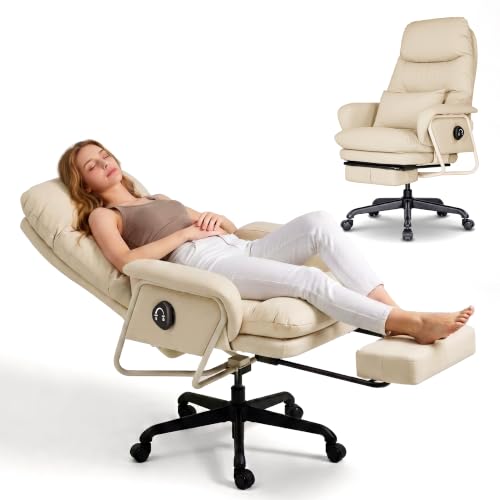 180° Reclining Office Chair with Footrest, PU Leather, Beige - color: Beige