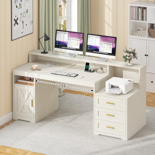 TVU 65" White Computer Desk with Drawers and Printer Stand for Home Office - color: White