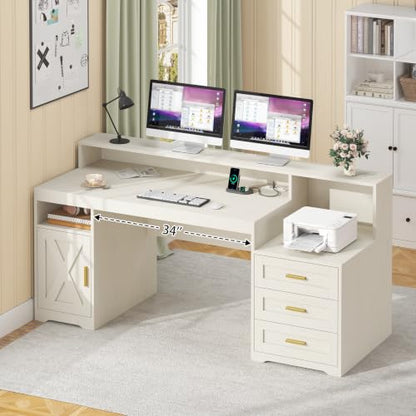 TVU 65" White Computer Desk with Drawers and Printer Stand for Home Office - color: White