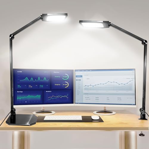 NS LED Desk Lamp with Clamp, Flicker-Free Dimmable Table Light with 3 Color Modes, Memory & Timer Function, Adjustable Swing Arm Clip-On Lamp for Home Office, Reading, Study.Batteries not Included.