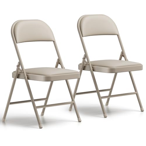 Folding Chairs 2 Pack, PU Leather Padded Folding Chairs for Outside and Indoor, Heavy Duty Portable Foldable Metal Commercial Seat for Home Office, Dorm, Party, Backyard, Lawn, Patio, Khaki - color: Khaki, size: 2 Pack