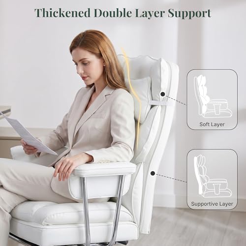 Executive Ergonomic Office Chair for Adults, Home Office | PU Leather, High Back Reclining Gaming Chair with Footrest and Lumbar Support, Height Adjustable Rolling Swivel, White - color: White