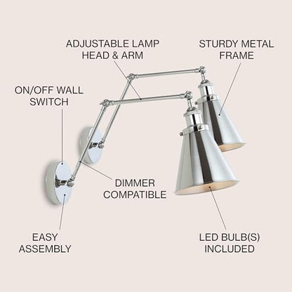 JONATHAN Y Rover 1-Light Wall Sconce 7", Chrome, Set of 2 | Adjustable Arm, Hardwired Bedside Reading Swing Arm, Farmhouse Cone Shade, Metal Hardwired Indoor Fixture, LED Bulbs Included - color: Chrome, size: Set of 2