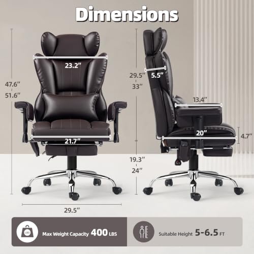 6 Points Massage Heated Home Office Chair with Foot Rest, Brwon - color: Brown