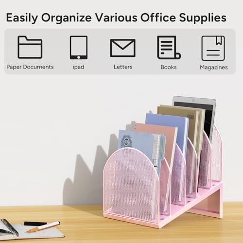 5-Section Desk File Organizer | Metal Mesh Folder Organizer for Documents, Mail & Office Papers (Pink) - color: Pink