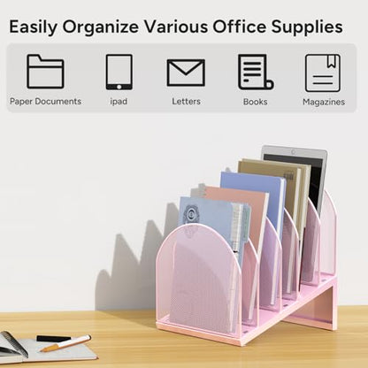 5-Section Desk File Organizer | Metal Mesh Folder Organizer for Documents, Mail & Office Papers (Pink) - color: Pink