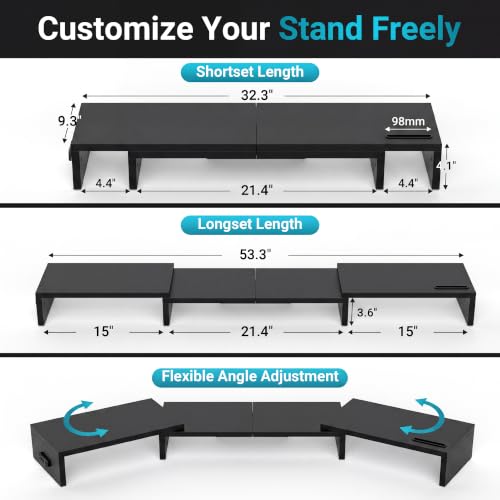 BONTEC Triple Monitor Stand Riser with Smartphone Holder, Black - color: Black, size: 53.3 in