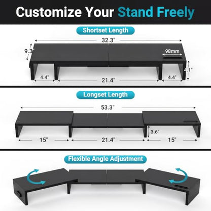 BONTEC Triple Monitor Stand Riser with Smartphone Holder, Black - color: Black, size: 53.3 in