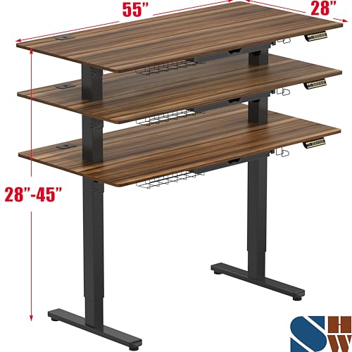 SHW 55 x 28 Electric Height Adjustable Standing Desk w/Drawer, Walnut - color: Walnut, size: 55-Inch
