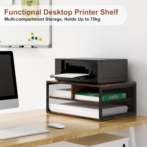 2 Tier Printer Stand with Storage, Wooden Printer Shelf with Metal Frame, Desktop Paper Organizer for Home Office, Multi-Functional Desk Rack for Fax Scanner, Brown