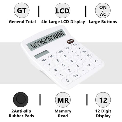 Cute White Desktop Calculator with Big Buttons, Dual Power Source | Solar and Battery, Large Display Screen - Perfect for Office, Teachers, and Students (White) - color: White