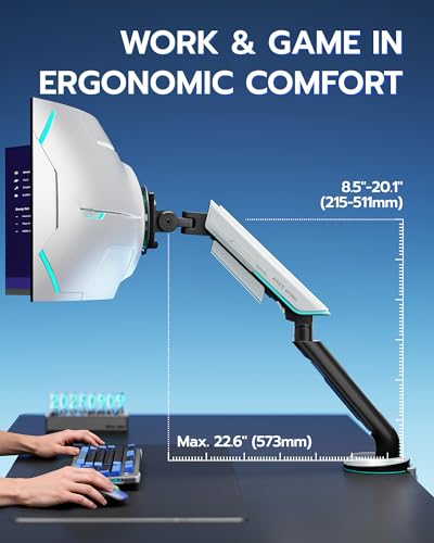 Single Gaming Monitor Arm for 24"-57" Screen, White | Computer Monitor Stand Holds Up to 60LBS - color: WHITE, style: Non-RGB