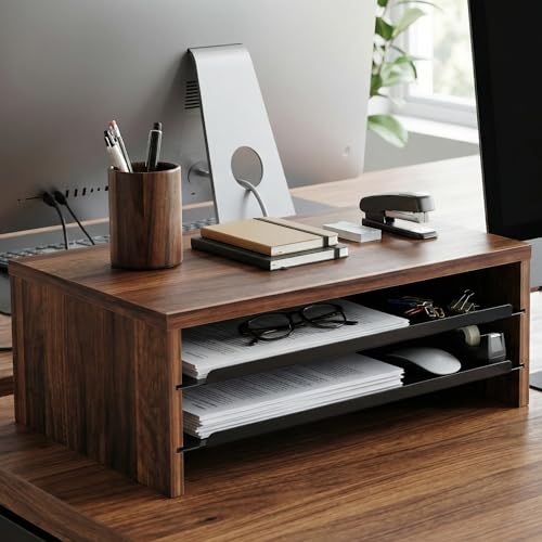 Fenge 14.3-Inch Monitor Stand with Slide-Out Trays, Wood & Metal Desk Shelf - color: Brown