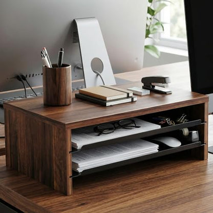 Fenge 14.3-Inch Monitor Stand with Slide-Out Trays, Wood & Metal Desk Shelf - color: Brown