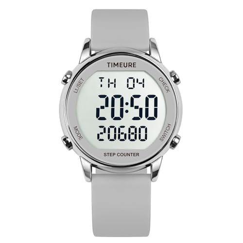TIMEURE Pedometer Watch for Women Step Counter for Walking No App TU-2509 | No app or charging required; tracks steps, calories and distance with a large display, 30M water resistance and silicone band - color: Silver Grey