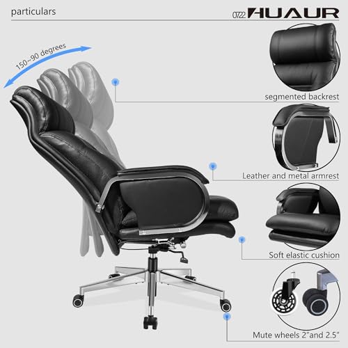Genuine Leather Modern Executive Chair High-Back Support 90 to 150 Degrees Tilt and Upholstered Home Desk Chair with Base 360LB Capacity Swivel Computer Office Chair (Black) - color: Black