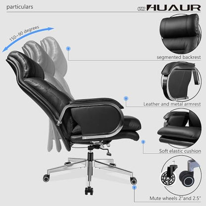 Genuine Leather Modern Executive Chair High-Back Support 90 to 150 Degrees Tilt and Upholstered Home Desk Chair with Base 360LB Capacity Swivel Computer Office Chair (Black) - color: Black