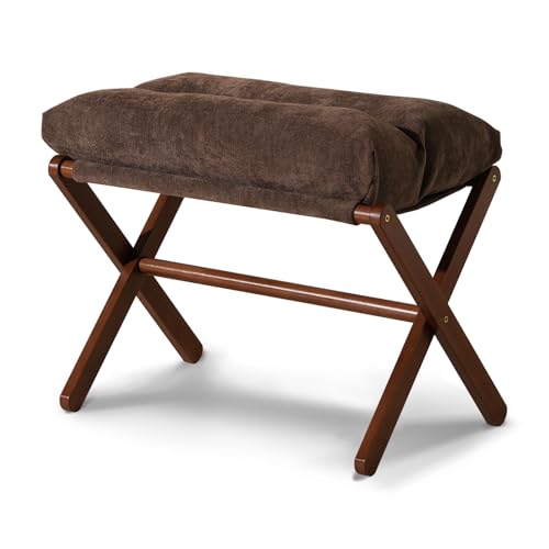 Baveke Ottoman Foot Rest- Bamboo Folding Stool, Foot Stools Small Ottman with Upholstered & X Legs, Foldable Stool for Makeup, Bedroom and Living Room, FSC-Certified (Large Brown) - color: Brown, size: 21.3"D x 13.4"W x 18.5"H
