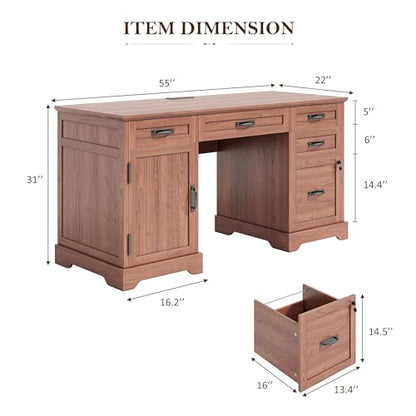 Alohappy 55'' Farmhouse Executive Desk, Home Office Desk with Drawers, Wood Computert Desk with File Cabinet and Power Outlets, Cherry Brown - color: Cherry Brown, size: 55''