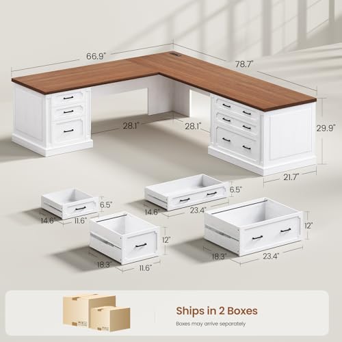 SEDETA Farmhouse 78.8" L Shaped Desk with 6 Drawers, Home Office Desk with Power Outlet, File Cabinet Storage, Wood Corner Computer Desk for Work and Study, White+Brown - color: White+brown, size: 78.8" L Shaped Desk
