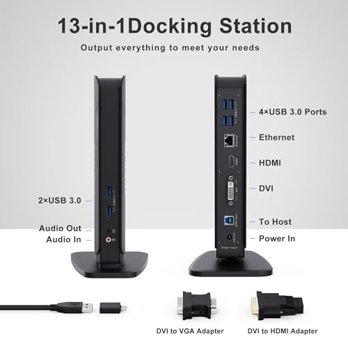 Acodot USB 3.0 Laptop Universal Docking Station Dual Monitor Dock for Windows/ Mac OS/ Surface Pro/ Surface Laptop, with Dual HDMI/ DVI/VGA, 6 USB 3.0 Ports, Gigabit Ethernet, Audio