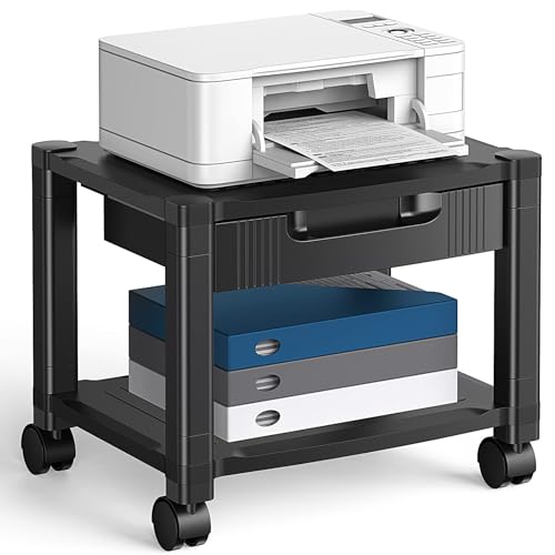 HUANUO Printer Stand with Cable Management and Storage Drawer, Printer Table with Locking Wheels, 14.1-inch Maximum Height Printer Cart for Under Desk, Home, Office, HNDPS | Cable management, 17.2 x 13.2 inch top shelf, adjustable height, 38.5 lbs capacit