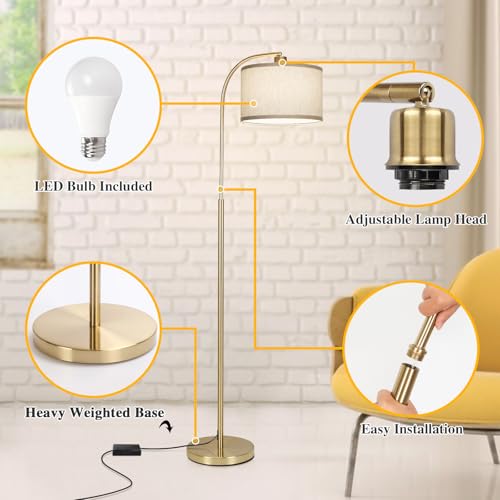 LED Floor Lamp Fully Dimmable Modern Standing Lamp Arc Floor Lamp with Adjustable Drum Shade, Tall Pole Reading Lamp Light for Living Room Bedroom Study Room, Bulb Included - color: Gold