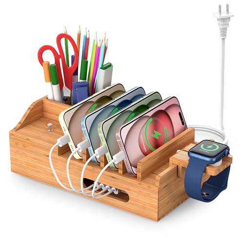 Bamboo Charging Station for Multiple Devices with USB Charger, 5 Cables | Pezin & Hulin Wood Desktop Dock Stations with Smart Watch Holder, Electronic Organizer for Cell Phone, Tablet, Watch - color: Style 2
