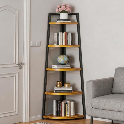 5 Tier Tall Corner Shelf,70 inch Solid Wood Rustic Corner Bookshelf Bookcase Industrial Ladder Shelf,Display Wooden Plant Stand Shelving Unit Shelf for Living Room,Kitchen,Home Office (Golden Oak) - color: Golden Oak