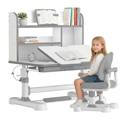 Kid Study Desk and Chair Set 3-12 Height Adjustable Ergonomic Desk | School Art Desk, 50° Tiltable Desktop, Easy-Turn Crank, Storage Drawer & Built-in Bookstand for Children Boys & Girls - color: 013-grey-31.5in