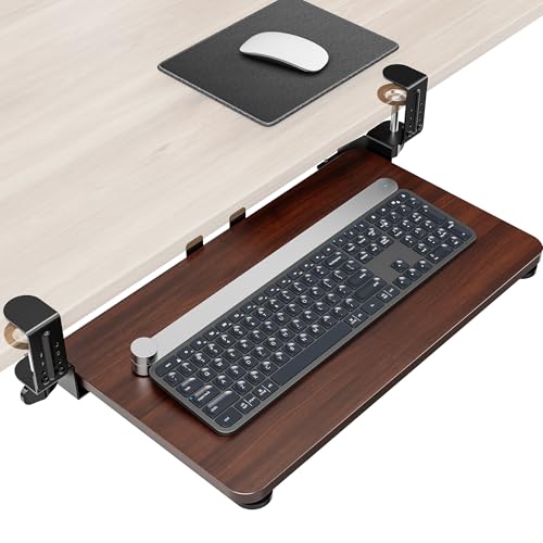 Ergonomic Mouse & Keyboard Tray Under Desk, 20x11.8In Board, Walnut | Heavy Duty Keyboard Drawer, Adjustable Height C-Clamp, Slide-Out Platform, Desk Accessories for Typing, 25.9" Including Clamp - color: Walnut, size: Small