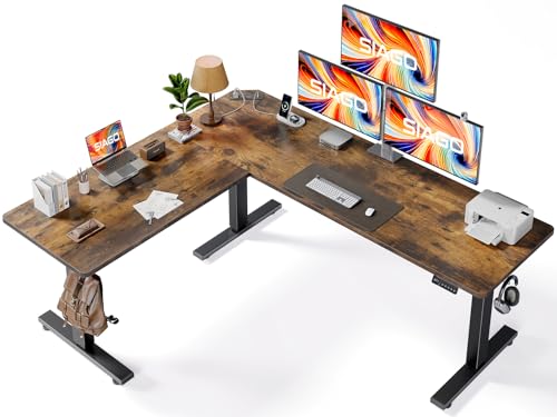 SIAGO L-Shaped Standing Desk - 75 x 63 Inch Adjustable Corner Standing Desk with Charging Station - L Shape Sit Stand Table with Memory Controller, Splice Board for Home Office - color: Rustic Brown, size: 75 x 63 Inch
