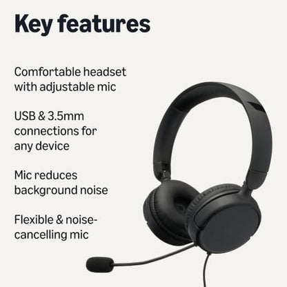Amazon Basics On Ear Wired Computer Headset with Adjustable Microphone, 3.5mm Port or in-Line Control with USB-A Port, Foldable, Clear Sound, Small/Medium Size, Black - size: One Size, style: Wired