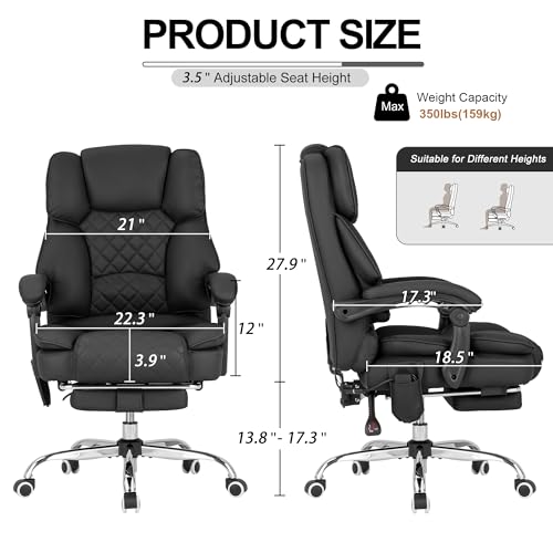 Kneading Massage Office Chair with Heated,90-135° Reclining Executive Office Chair with Footrest,Computer Desk Chair with Wheels,Diamond-Stitched Cushion Leather Office Chair (Black) - color: Black