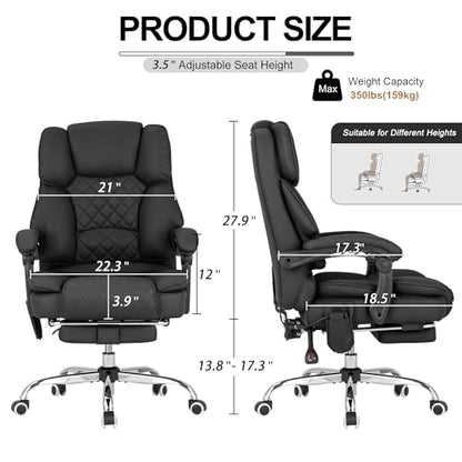 Kneading Massage Office Chair with Heated,90-135° Reclining Executive Office Chair with Footrest,Computer Desk Chair with Wheels,Diamond-Stitched Cushion Leather Office Chair (Black) - color: Black
