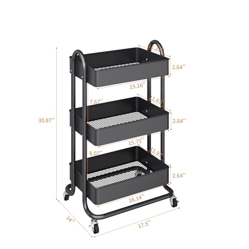 MIOCASA 3-Tier Metal Utility Rolling Cart, Heavy Duty Multifunction Cart with Lockable Casters, Easy to Assemble, Suitable for Office, Bathroom, Kitchen, Garden (Dark Gray, 3-Tier-Metal) - style: Dark Gray